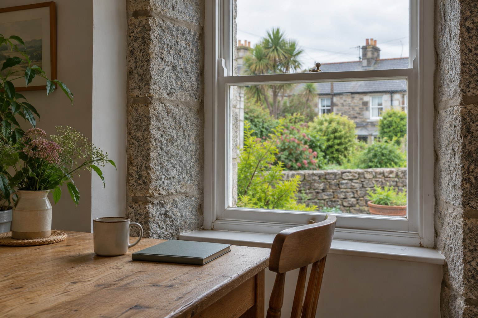A wooden table with a mug and a notebook beside a sash window that looks onto a garden