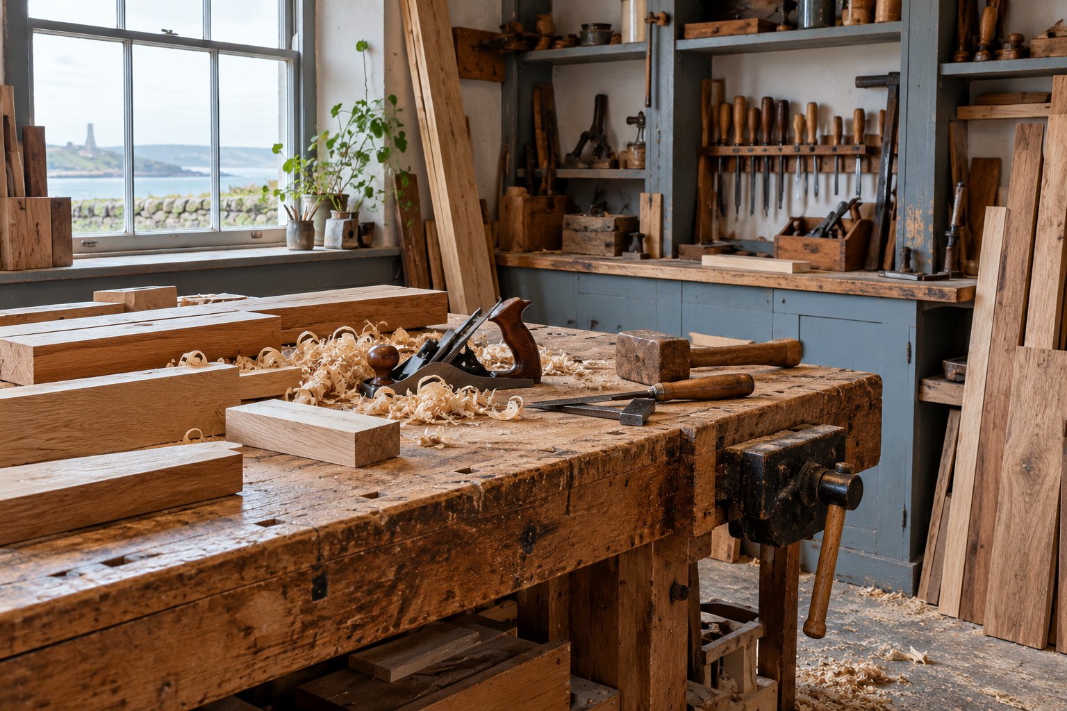 Hand tools, wood shavings and oak offcuts on a joiner’s workbench