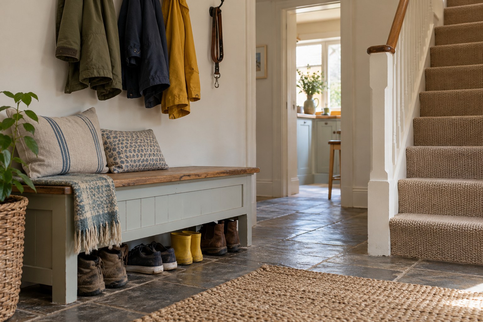 Coats on hooks above a hallway bench, with boots and shoes underneath