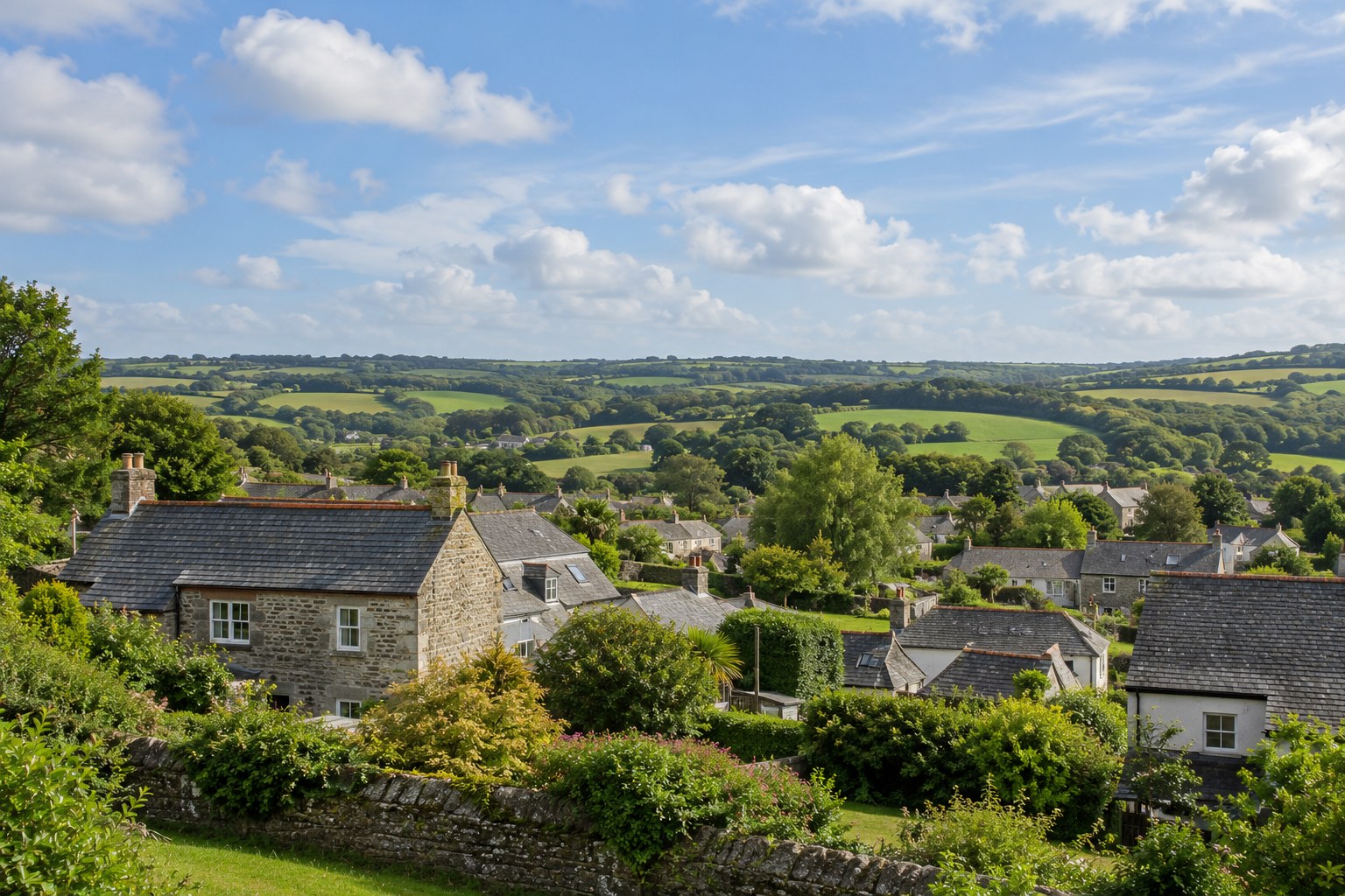 Slate-roofed stone houses among trees, with green fields and rolling hills beyond